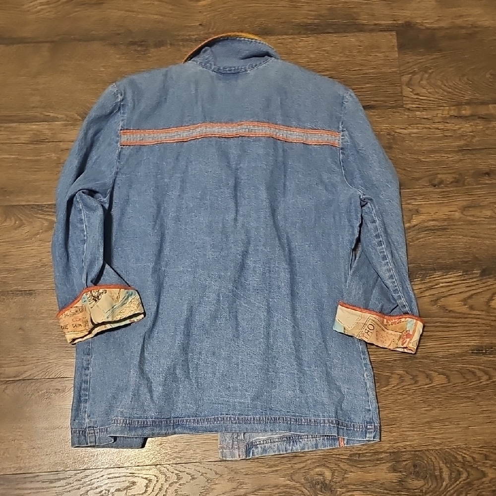 VINTAGE 80s Nancy Bolen City Girl Denim shirt Large Patch Embroidery Orange Trim - Picture 8 of 9